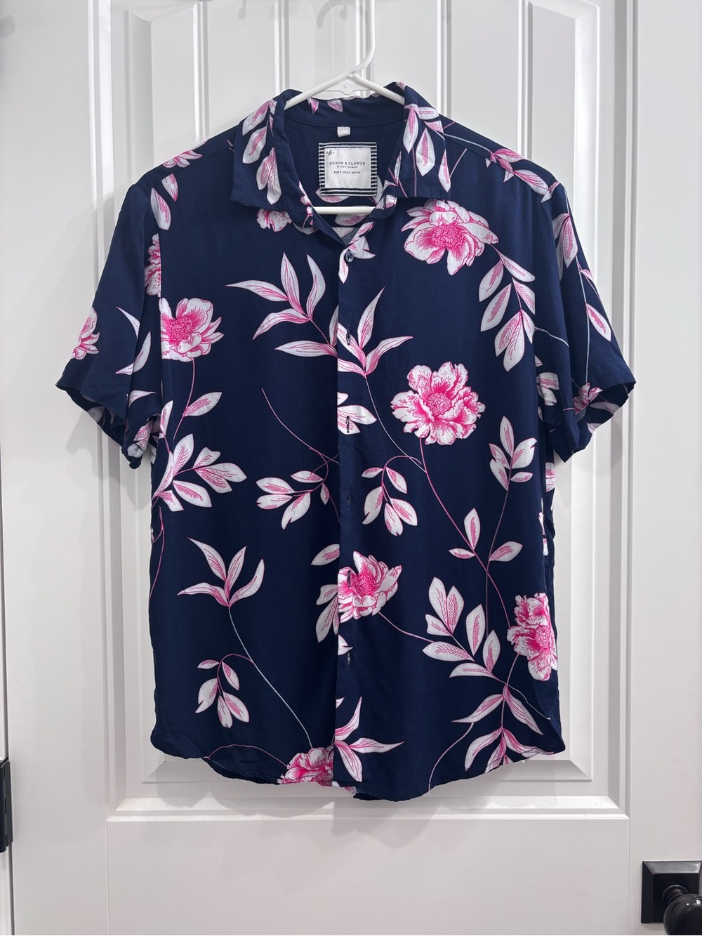Denim & Flower Navy Button-Down with Pink Floral Print